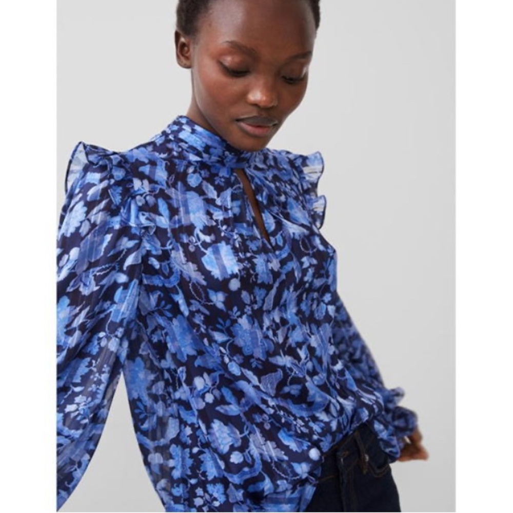 NWT French Connection “Cynthia”Floral Blue Sheer Women's Top